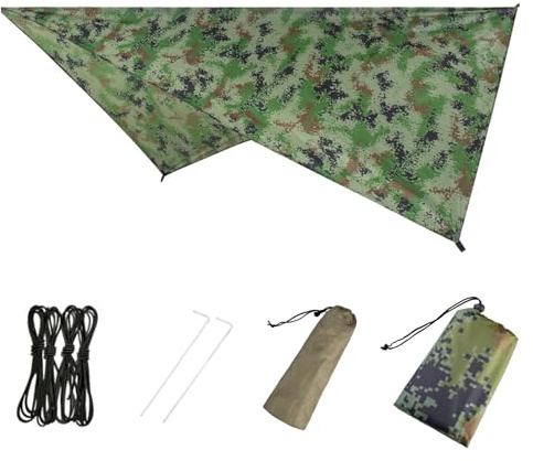 Azarxis Bâche Anti-Pluie Tarp Bivouac Toile de Tente Imperméable Tapis de Sol Abri de Randonnée Parasol Auvent Anti UV pour Camping Trekking (03 Camouflage, 310 x 310 cm (Diagonale))