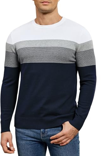 Genfien Herr rundhalsad jumper klassisk höst stickad tröja lätt randig stickad tröja höst 100 % bomull, marinblå, XXL