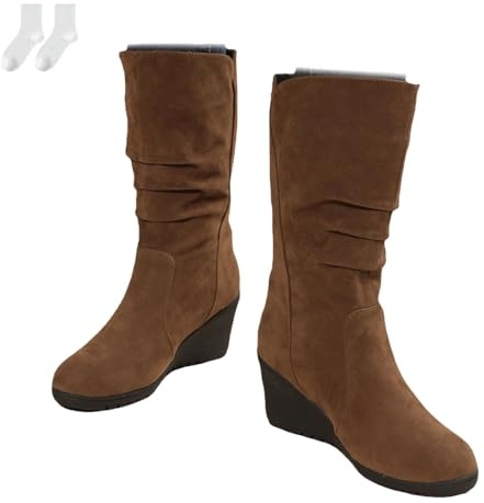 Stivali Slouchy Da Donna A Mezza Gamba, Slip-On Morbidi Effetto Camoscio Con Tacco A Zeppa Comodo, Stivali Invernali Caldi Con Punta Tonda Per Uso Quotidiano E Tempo Libero,Marrone,38 EU