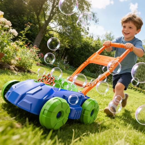WOANZZ Cortacésped de Burbujas con Música, Antiderrames, 5000+ Burbujas Coloridas por Minuto para Interior/Exterior, Perfecto Regalo de Jardín para Niños de 3-6 Años, Azul
