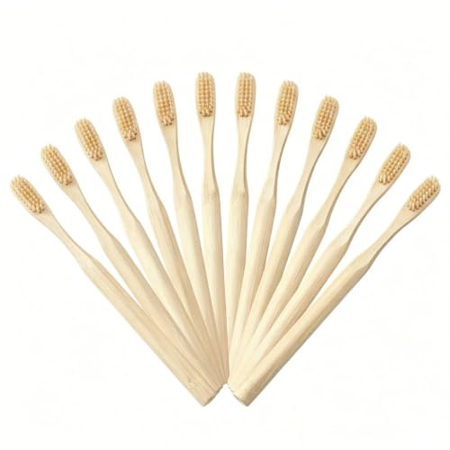 Paquete de 12 cepillos de dientes de bambú de madera, cerdas suaves naturales, ecológicos, biodegradables, sin BPA, cuidado dental sostenible para adultos y niños, cabeza redonda beige