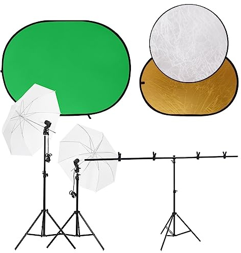 Fotostudioset med lampor, bakgrund, reflektor, aluminiumstativ, 500 K dagsljuslampor, 2 skärmar 84 cm, 5-i-1 reflektor 110 cm, bärkassar