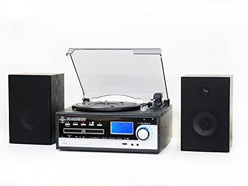 Steepletone Broadway 5 in 1 Bluetooth music centre with CD,FM radio,3 speed Record player has facility to burn vinyl or CD to USB