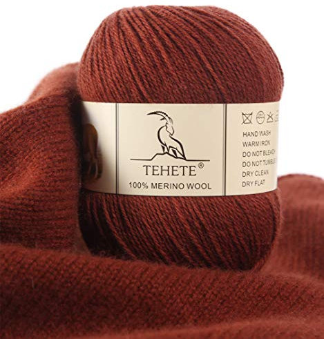 TEHETE 100% Merinowolle Garn zum Stricken, Häkelgarn Schurwolle, 250 Metern 3-fädig 50g per Knäuel,weich und seidig,Karamell