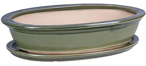Vaso per bonsai/fiori, da giardino, in ceramica/terracotta, con sottovaso, verde, 6 misure (25)