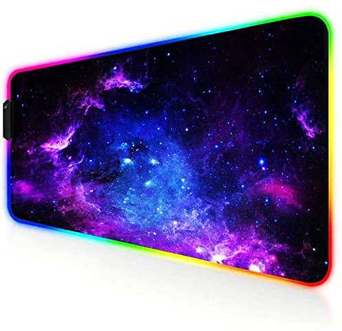 RGB Gaming Mouse Mat Pad - TEKXDD 800x300 mm LED Glowing Keyboard Mouse Pad with 12 Light Modes Non-Slip Rubber and Waterproof Surface Large Extended Mouse Mat for Gaming PC Laptop Desk Galaxy