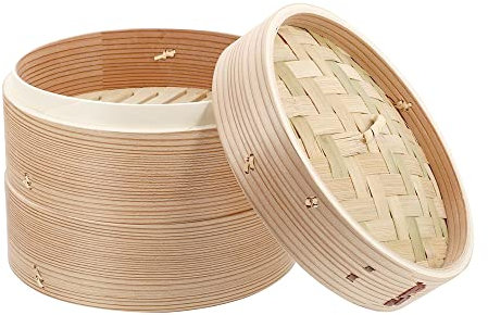 MNSSRN Xiaolongbao Domestique sur Bambou, cuiseur Vapeur avec Couvercle, cuiseur Vapeur de Style Chinois, boulette Vapeur, brioche Vapeur, cuiseur Vapeur de légumes, Poisson et Riz,21cm