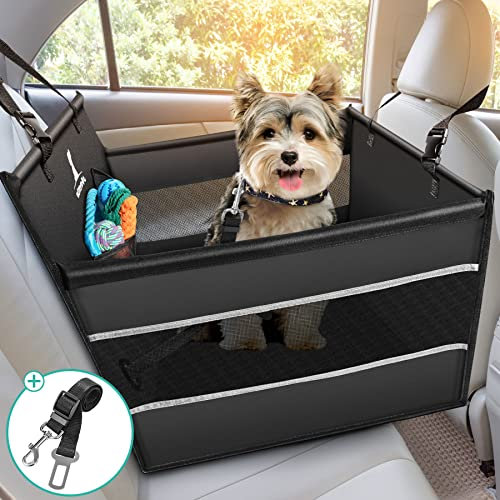 Wimypet Hunde Autositz für kleine und Mittlere Hunde, Hochwertiger Hundesitz Auto mit Sicherheitsgurt, faltbar den Rücksitz im Autos, Waschmaschinenfest, 100% Reißfest, 50x50x47cm, Schwarz, (HW00654)