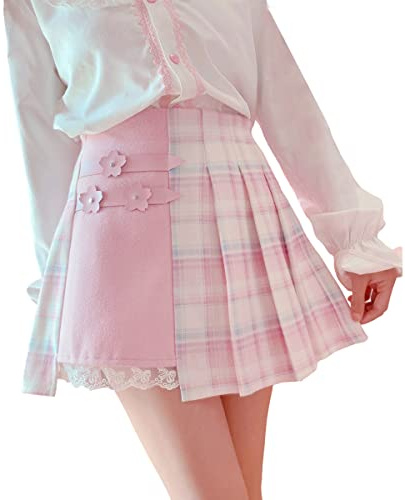 Mini gonna a pieghe scozzese da donna skorts a vita alta tennis skater Lolita carino A-Line gonne corte per ragazze adolescenti, Rosa, XS