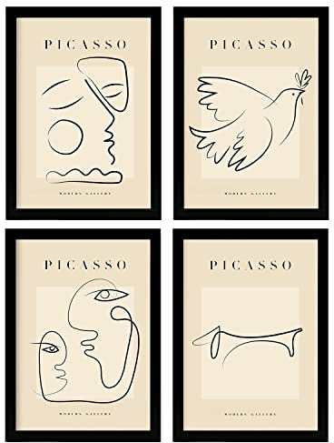 Nacnic Set de 4 Ilustraciones de Picasso. Paz. Ilustraciones de un Solo Trazo en estilo Galería de Arte. Pinturas para la Decoración de Interiores. A4 sin marco.