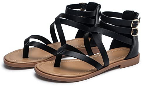 Sandalias planas con tiras para mujer, sandalias romanas para playa, Black, 39.5 EU