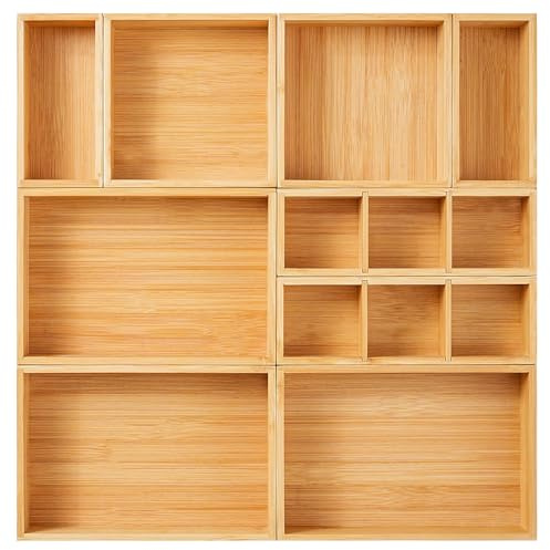 Fabsome Drawer Organizer, Set of 9 Bamboo Wood Kitchen Makeup Desk Junk Tea Drawer Storage Boxes Bins for Cutlery Silverware Utensils Flatware, Small Wooden Container Tray for Bathroom, Office