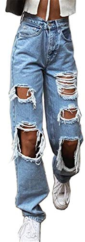 Baggy Jeans da donna a vita alta, con fori radiosi, alla moda, Y2K, jeans strappati, a gamba larga, alla moda, per il tempo libero