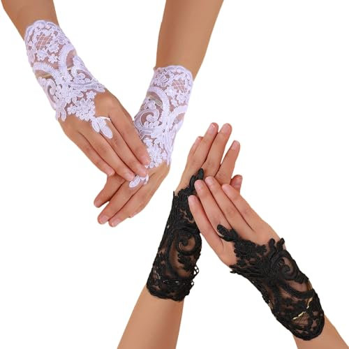 XNIVUIS 2 Paar Schwarz Weiß Damen Kurze Spitzenhandschuhe Spitze Fingerlose Handschuhe Spitze Gestickte Handschuhe für Maskerade Abendparty Teeparty Halloween Kleiderzubehör (2 Paar)