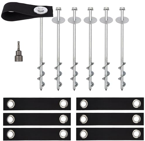 Trampoline Anchors High Wind Heavy Duty 12 Set of 6 with Straps, Drill Bit - Trampoline Anchor Kit - Trampoline Stakes Anchors High Wind - Ground Anchors - Trampoline Wind Stakes - Ground Stakes