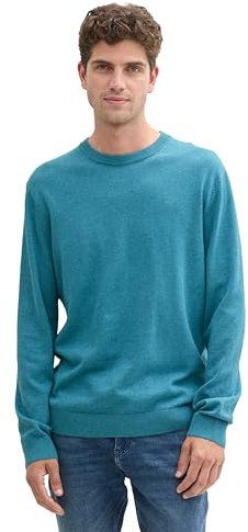 TOM TAILOR Herren Basic Crewneck Pullover aus Baumwolle, 36299 - Bright Teal Melange, XL