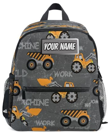 Ksajwzf Sac à dos personnalisé pour enfants, machines de construction, voitures, sac à dos pour enfants pour filles et garçons, nom personnalisé pour camion, tracteur, sacs à livres préscolaires,