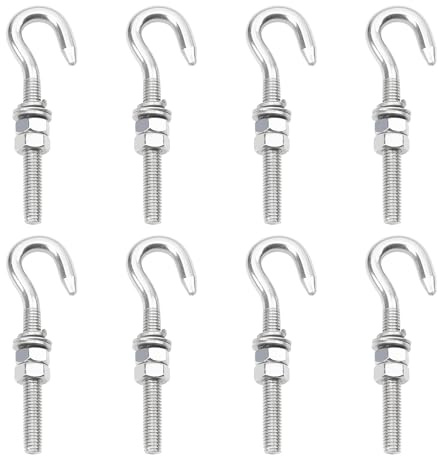 Rrina 8Pcs M8 Hook Bolt 304 Stainless Steel Eye Ring Screw-in Hooks with Washers Nut Metric Thread