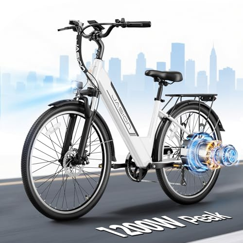 Jasion Roamer ST Electric Bike, 62Miles 28MPH Max Speed, 26'' Women Commuter Ebike for Adults, 1200W Peak Motor, 528WH Removable Battery, Front Suspension E Bike, UL2849 Certification, 7-Speed Bicycle