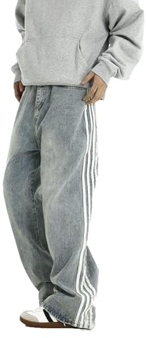Mens Baggy Denim Jeans Casual Striped Pants Straight Wide Leg Jeans Oversized Hip Hop Pants Vintage Skater Track Jeans Blue