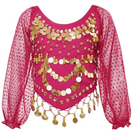 Belly Dance Top for Women Puff Long Sleeve Chiffon Sequin Dance Shirts | Glitter Coins Tassels Blouse for Festival Clubbing Wear, Self-tie Back Tribal Crop Top for Belly Dance Performance Outfit