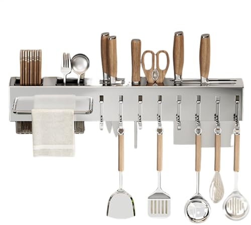 Wall Hooks for Kitchen Tools, Wall Hooks for Kitchen Tools, Adhesive Kitchen Rail with Hooks,50cm Kitchen Tool Holder, Stainless Steel Dangling Utensil Holder for Kitchen, Bathroom, Living Room