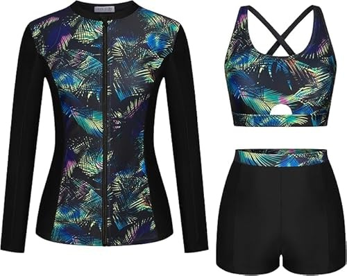 Kate Kasin Maillot de bain 3 pièces à imprimé floral pour femme avec fermeture éclair - Protection solaire - Tankini pour sports nautiques - Pour le surf et la natation, Feuilles de palmier noires, L