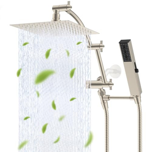 Hibbent All Metal CUPC Certified 8'' Rainfall Shower Head, Dual Shower Head Combo, High Pressure Handheld 4 Sprays Shower Wand, 16'' Adjustable Extension Arm, 71'' Hose, Shower Holder, Brushed Nickel
