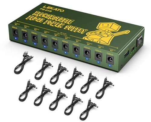 LEKATO Rechargeable Guitar Pedal Power Supply, Built-in 10000mAh Battery, Isolated 10 DC Outputs for 9V(100mA, 300mA), Effect Power Supply with Short Circuit Protection