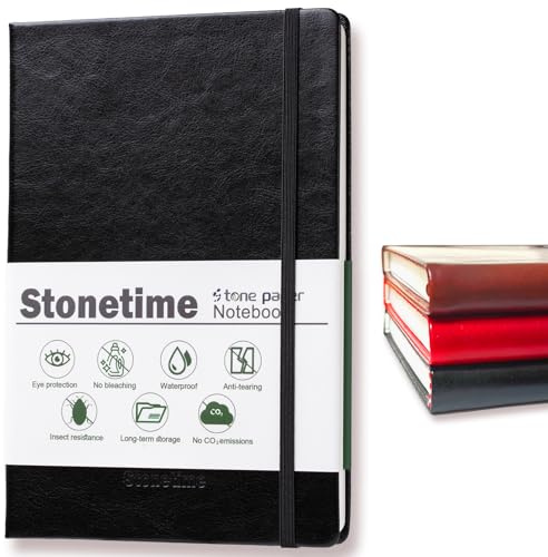 Stonetime Stone Paper Notebook for Women Men, A5 Waterproof Notebook Hardcover Executive Journal, Ruled Notebooks for Work, Business, Writing, School, 160 Pages(Black)