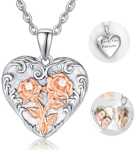 TANGPOET Blomma hjärta medaljong halsband för kvinnor flickor håller två bilder foto 925 sterling silver minnessmycke present till födelsedag jul examen dotter mamma flickvän