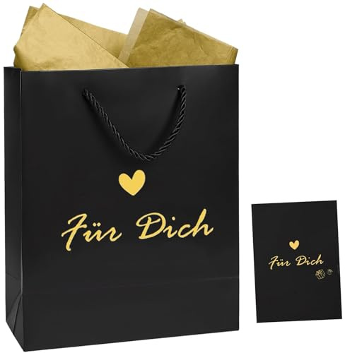 Xinfin Geschenktüten Schwarz Für Dich 25x20x10cm Geschenktasche Groß mit Henkel Geburtstag Happy Birthday Tüte mit Seidenpapier für Frau Mann Junge Mädchen Geschenkverpackung