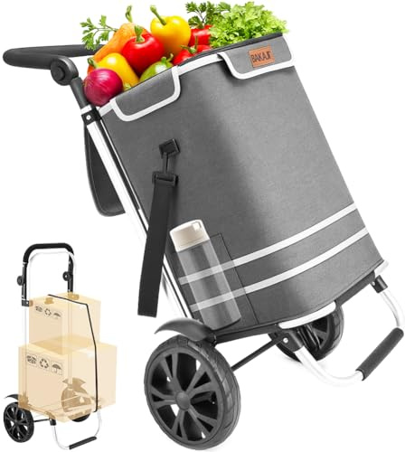 BAKAJI Chariot à courses 3 en 1 pliable sac capacité de 56 litres, chariot à main porte-courses et porte-bagages de 30 kg avec poignée ergonomique, roues et bandoulière, chariot économise de l'espace