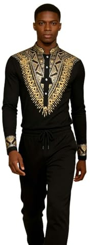 Vhersily Abito Da Uomo Africano A Maniche Lunghe Dashiki Con Stampa E Pantaloni Dorati, Vestito Tradizionale 2 Pezzi Arabi Islamici Caftano Etnici Da Preghiera Morbido Da Sposa Confortevole