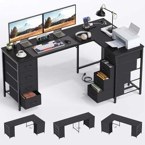 YOUDENOVA Skrivbord, L-format skrivbord, 170 x 100 cm, hörnskrivbord med 8 lådor, datorskrivbord med eluttag och USB-laddningsport, studiekontorsbord, svart