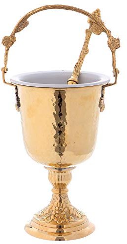 Holyart Blessing Items: Hammered Holy Water Pot with Sprinkler in Gold Plated Brass