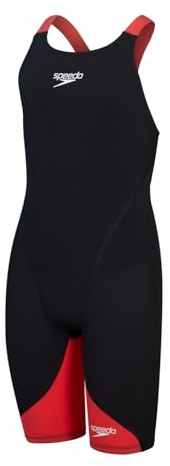 Speedo Girls Fastskin LZR Ignite Kneeskin | Tech Suit | Racewear | FINA Approved, Black/Flame Red, 7-8