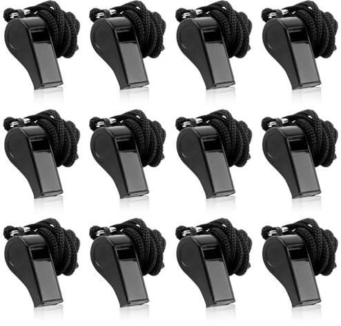 LANAFAY 12Packs Whistle, Black Referee Whistles, Sports Whistles with Lanyard, Loud Crisp Sound Whistle, Plastic Coach Whistles for School Sports Training, Football, Security and Emergency Survival