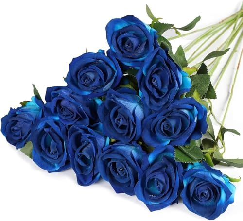 GIUSOBG 12 Pz Rose Finte in Seta Artificiale Bouquet 52cm Fiori Finti di Rosa con Steli Lunghi Blu Fiori Artificiali Finte Artificiali per Decorazioni per la Casa di Nozze