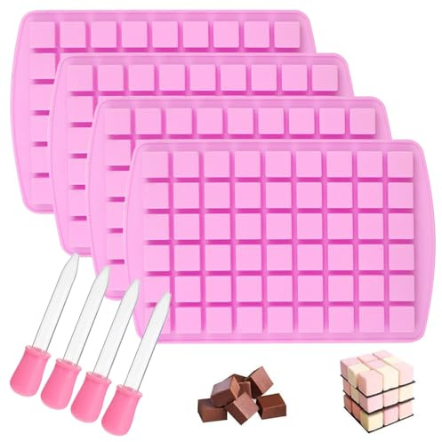 54 Cavity Square Silicone Moulds, 4 Packs Chocolate Moulds Silicone with 4 Droppers, Non-Stick Kitchen Baking Mold, Ice Cube Tray for Making Chocolate Candy Ice Cube Tray