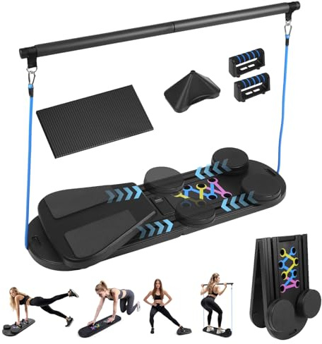 Pilates Board Set at Home with Automatic Rebound and Timer Counter- Full Body Sculpting Fit Kit - Durable Pilates Board for Unisex-Adult, Home and Gym,With Ab Roller, Horizontal Bar, Knee Pads black