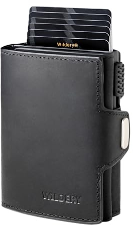 Wildery® Premium Leder Geldbörse Herren – Slim Wallet aus Echtleder, Smart Wallet, Kartenetui & Kartenhalter, Geldbeutel RFID Schutz, Portemonnaie Männer, Portmonee Herren (Mit Münzfach, Schwarz)