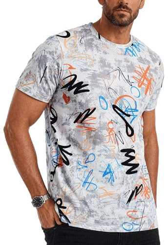 Runcati Maglietta da uomo, a maniche corte, con stampa estiva, girocollo, vestibilità normale, alla moda, vintage, per il tempo libero, beige., XL