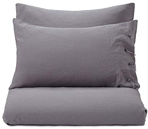 URBANARA Leinen-Bettwäsche Figuera, Kissenbezug 80x80 cm aus 100% Leinen mit geknoteten Schlaufen als dekorativem Verschluss, vorgewaschen, Anthrazit