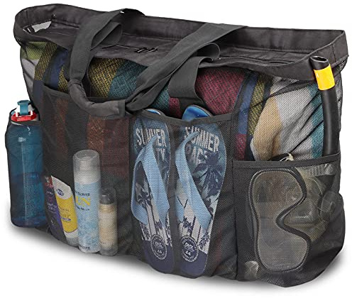 GOTDYA Extra Large Beach Bag, XL Mesh Tote with Zipper and Pockets Ideal for Your Family Lake/Cruise/Beach Vacation Essentials-Black
