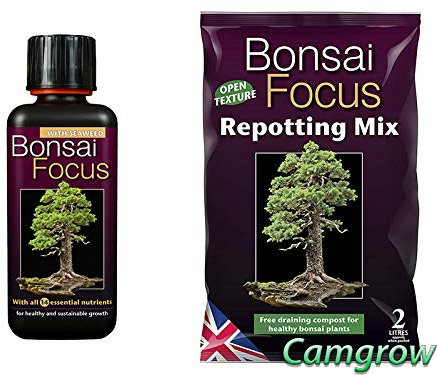 Growth Technology Bonsai Focus & Cactus Focus Soils & Fertilisers (1x Bonsai 300ml + 2x Bag of 2L Bonsai Repotting)