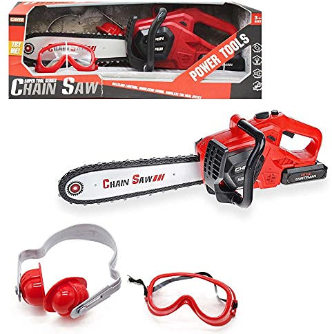 BAKAJI Motosierra de Juguete para niños con Gafas y Auriculares, Motosierra eléctrica Que Funciona con Pilas con Efectos sonoros y Cadena giratoria, Juego de jardinería, Bricolaje Cuidado en Cada