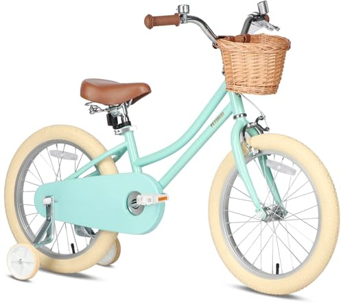 Petimini 16 Inch Little Kids Bike for Age 4 5 6 7 Years Old Girls Retro Vintage Style Bicycles with Basket Training Wheels and Bell, Mint Green