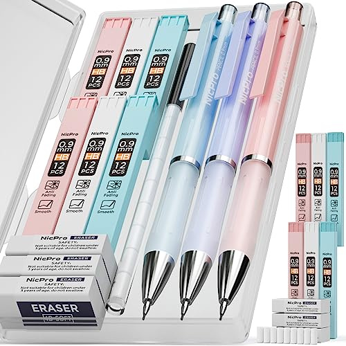 Nicpro 3PCS Pastel Mechanical Pencil Set with Case, 0.9 mm Cute Pencils with 6 Tube HB Lead Refill, 3PCS Eraser, Eraser Refill for Stationery School Supplies Student Writing Drafting Drawing Sketching