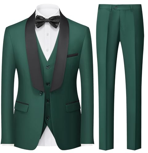 KUDORO Män kostymer 3 delar slim fit casual business smoking kostym för män klassisk blazer väst byxor set, Mörkgrön, XS